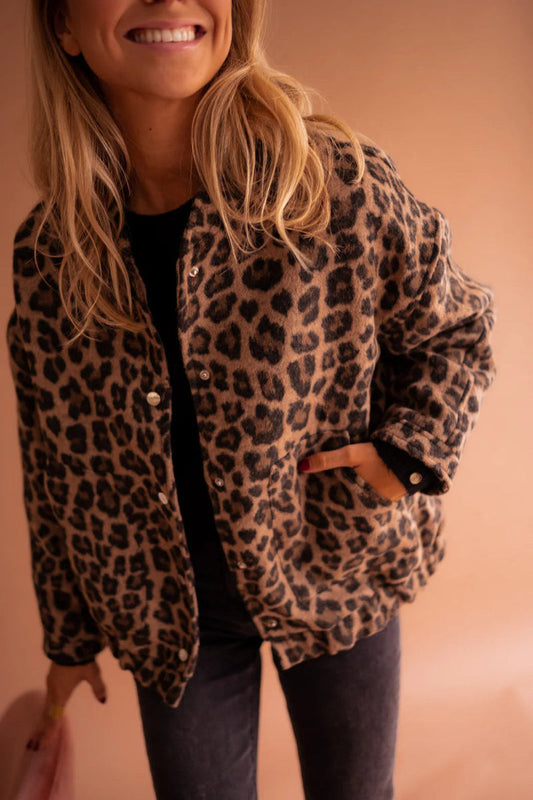 Faux Fur Leopard Print Relaxed Bomber Jacket 