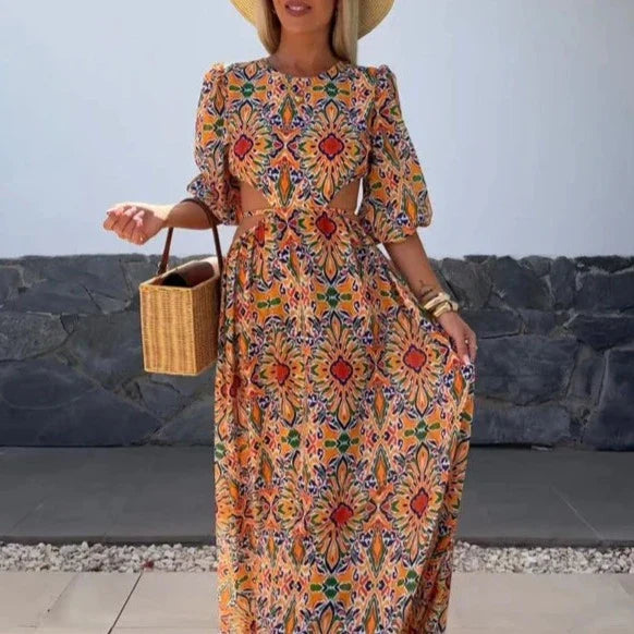 Puff Sleeve Flowy Printed Maxi Dress
