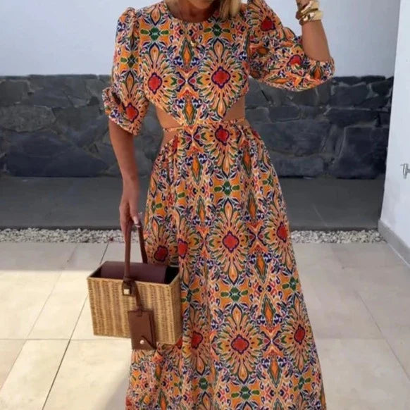 Puff Sleeve Flowy Printed Maxi Dress