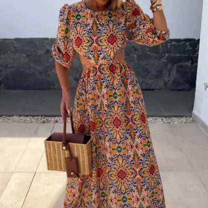 Women's Maxi Dress - Puff Sleeve - Cut-Out Side Detail - Flowy Printed Design