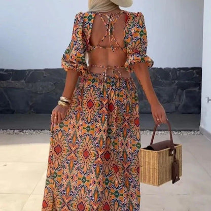 Women's Maxi Dress - Puff Sleeve - Cut-Out Side Detail - Flowy Printed Design