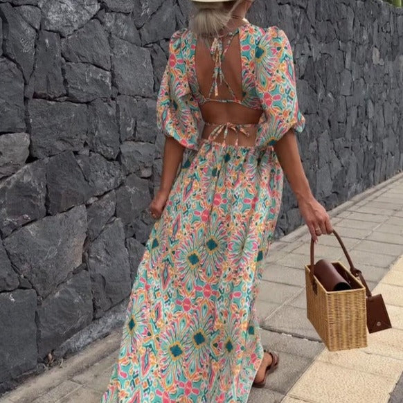 Women's Maxi Dress - Puff Sleeve - Cut-Out Side Detail - Flowy Printed Design