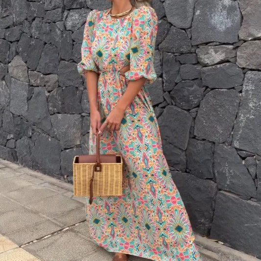 Puff Sleeve Flowy Printed Maxi Dress