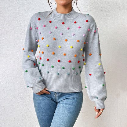 Women's casual knitted pom-poms sweater