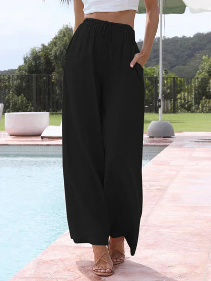 Women's Palazzo Pants - High Waist - Wide Leg - Drawstring - Lightweight Flowy