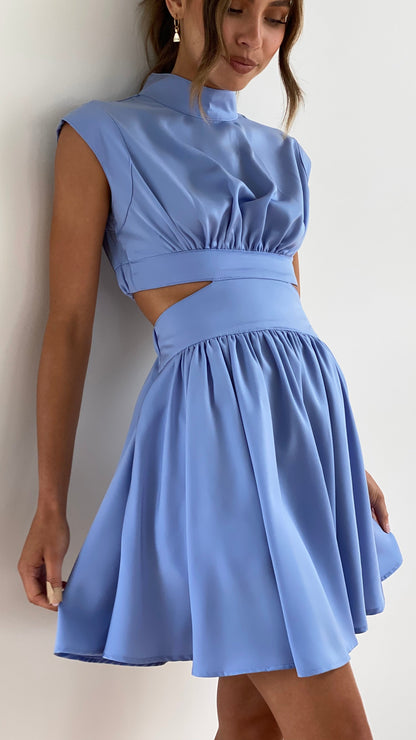 Women's Mini Dress - High Neck - Cap Sleeves - Waist Cutout - Flowy Silhouette