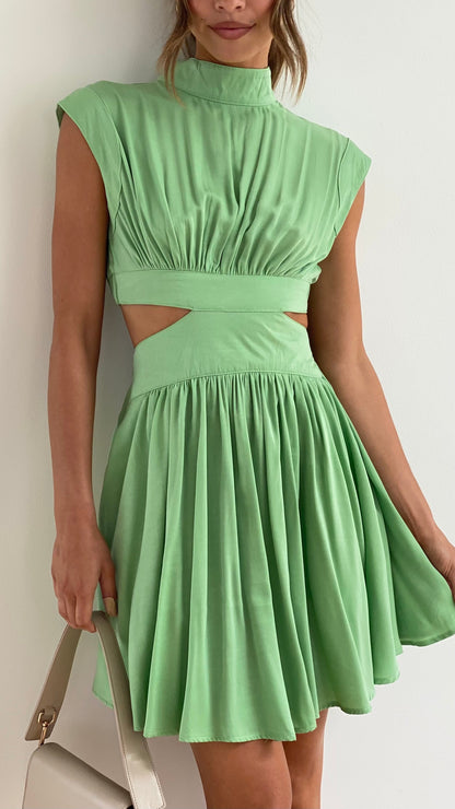 Women's Mini Dress - High Neck - Cap Sleeves - Waist Cutout - Flowy Silhouette