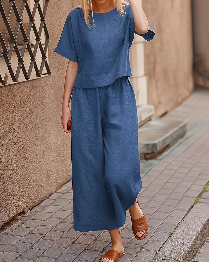 Women's loose short sleeve shirt and wide leg pants set