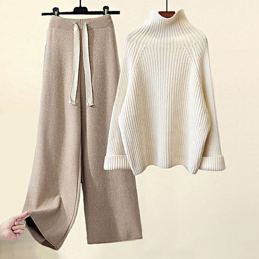High-Neck Knit Sweater and Wide-Leg Pants Set