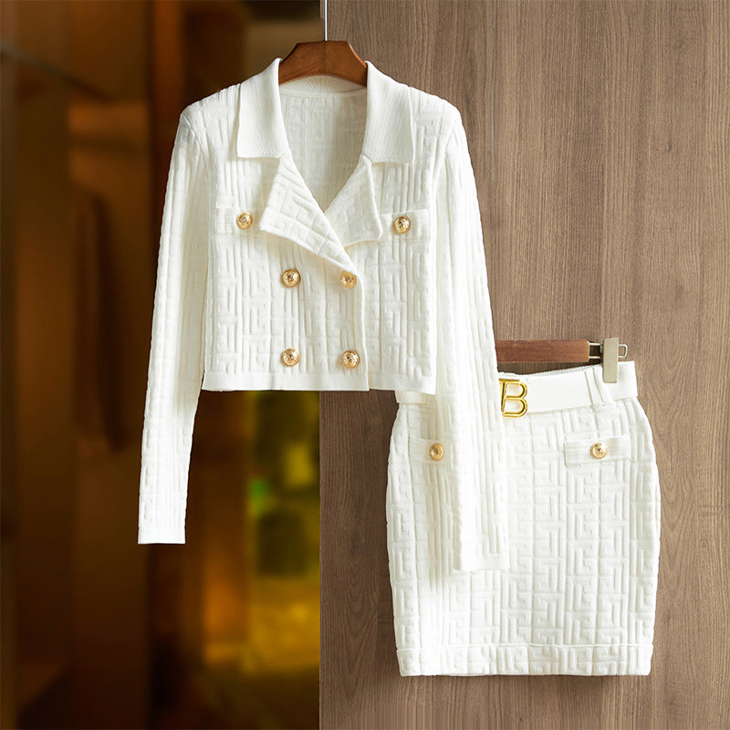 Elisha - retro style geometric pattern knit long sleeve blazer and mini skirt set