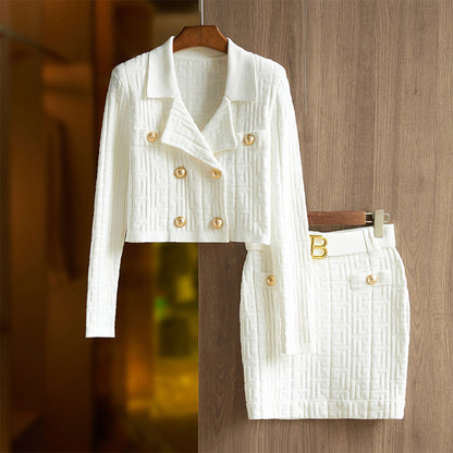 Elisha - retro style geometric pattern knit long sleeve blazer and mini skirt set