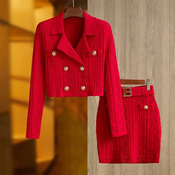 Elisha - retro style geometric pattern knit long sleeve blazer and mini skirt set