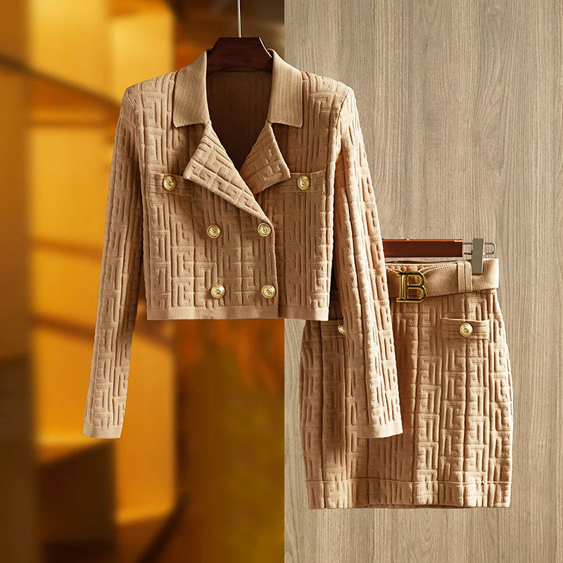 Elisha - retro style geometric pattern knit long sleeve blazer and mini skirt set