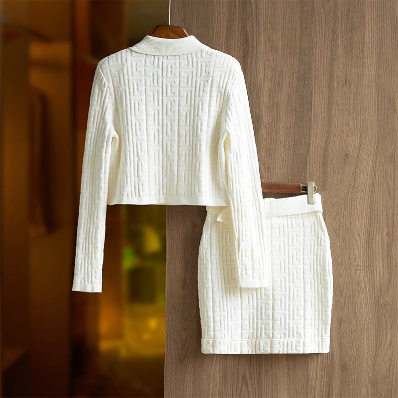 Elisha - retro style geometric pattern knit long sleeve blazer and mini skirt set