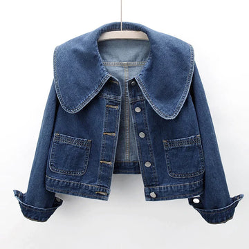 Women's denim wide lapel jacket with button closure and front pockets