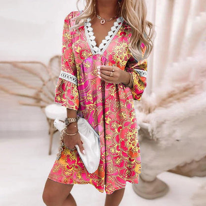 Women’s Boho Dress – Relaxed Fit – V-Neck Lace Trim – Natural Fibers – 3/4 Sleeve