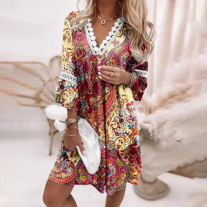 Women’s Boho Dress – Relaxed Fit – V-Neck Lace Trim – Natural Fibers – 3/4 Sleeve