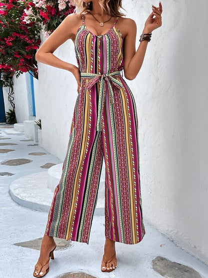 Women's Jumpsuit - Strappy Sleeveless - Scoop Neck - Wide-Leg Belted Casual Wear