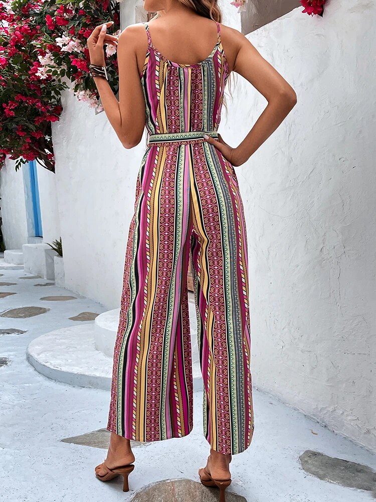 Women's Jumpsuit - Strappy Sleeveless - Scoop Neck - Wide-Leg Belted Casual Wear