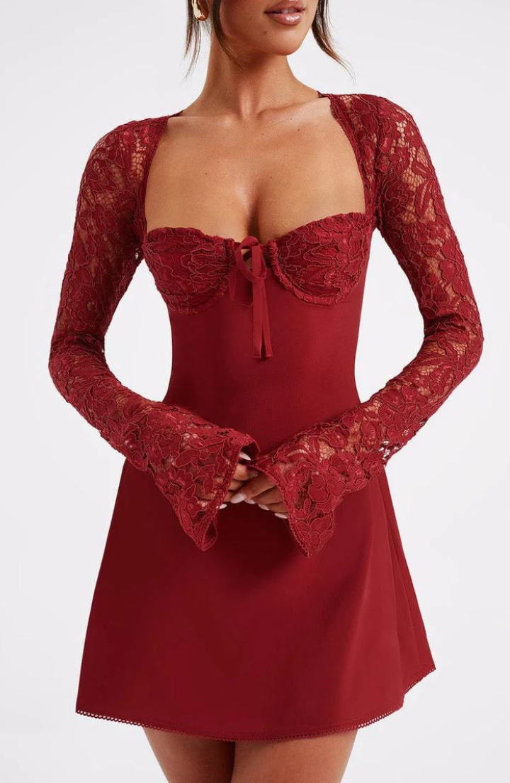 Lace Flared Sleeve Slim Fit Mini Dress