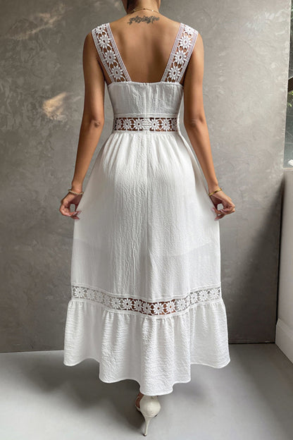 Women's Midi Dress - Sleeveless Lace Detail - Fitted Bodice - Flowy Tiered Skirt