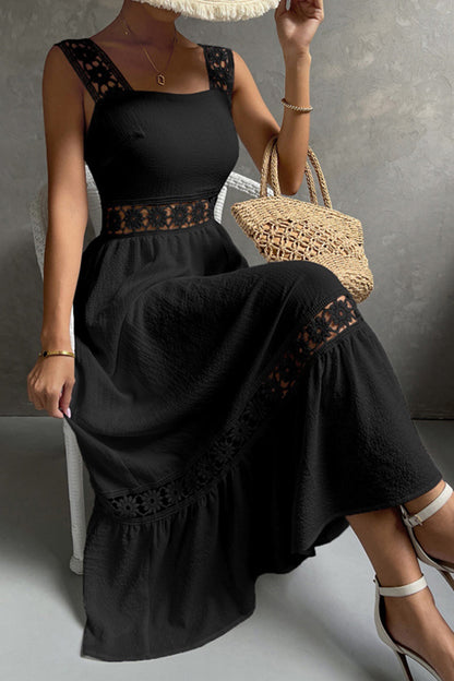 Women's Midi Dress - Sleeveless Lace Detail - Fitted Bodice - Flowy Tiered Skirt