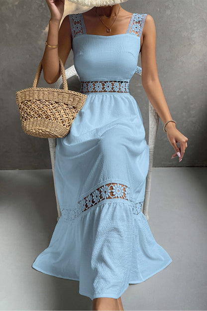 Women's Midi Dress - Sleeveless Lace Detail - Fitted Bodice - Flowy Tiered Skirt