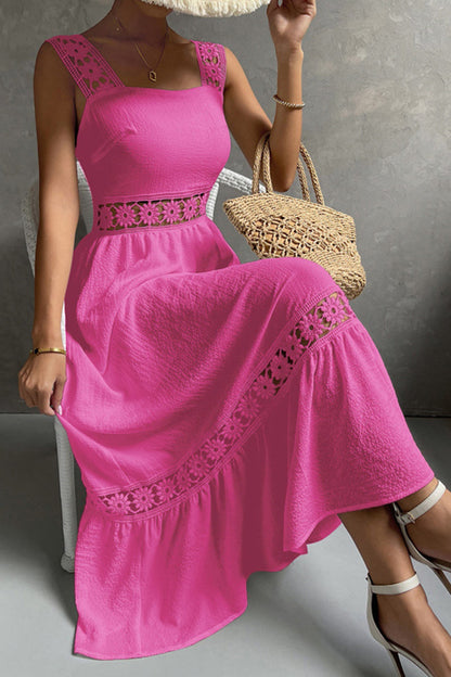 Women's Midi Dress - Sleeveless Lace Detail - Fitted Bodice - Flowy Tiered Skirt