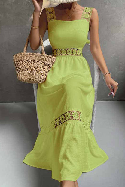 Women's Midi Dress - Sleeveless Lace Detail - Fitted Bodice - Flowy Tiered Skirt