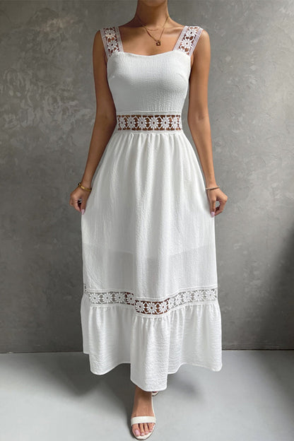 Women's Midi Dress - Sleeveless Lace Detail - Fitted Bodice - Flowy Tiered Skirt