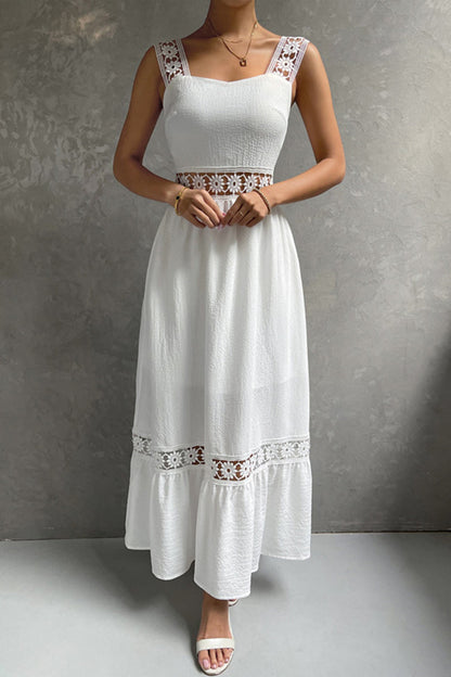 Women's Midi Dress - Sleeveless Lace Detail - Fitted Bodice - Flowy Tiered Skirt