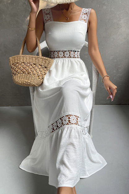 Women's Midi Dress - Sleeveless Lace Detail - Fitted Bodice - Flowy Tiered Skirt