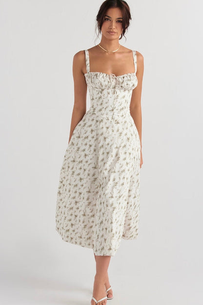 Women's Midi Dress - Bustier Top - A-Line Silhouette - High Slit - Adjustable Straps