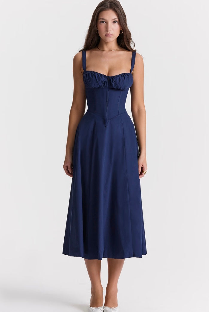 Women's Midi Dress - Bustier Top - A-Line Silhouette - High Slit - Adjustable Straps