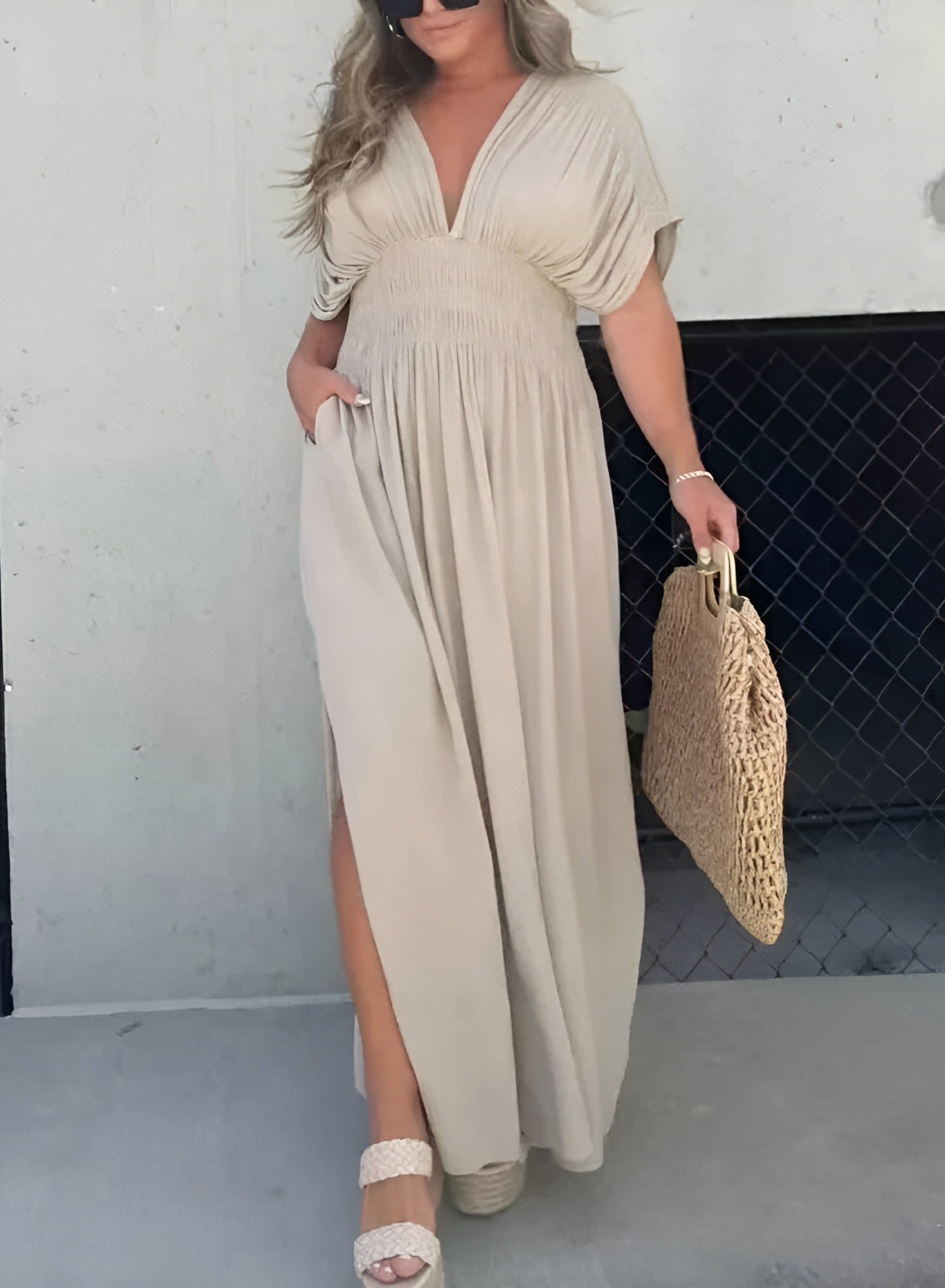 Flowing Lightweight Draped Sleeve Maxi Dress