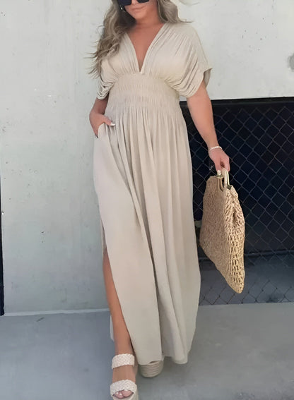 Women's Maxi Dress - Deep V-Neck - Short Draped Sleeves - Flowing Lightweight Fabric