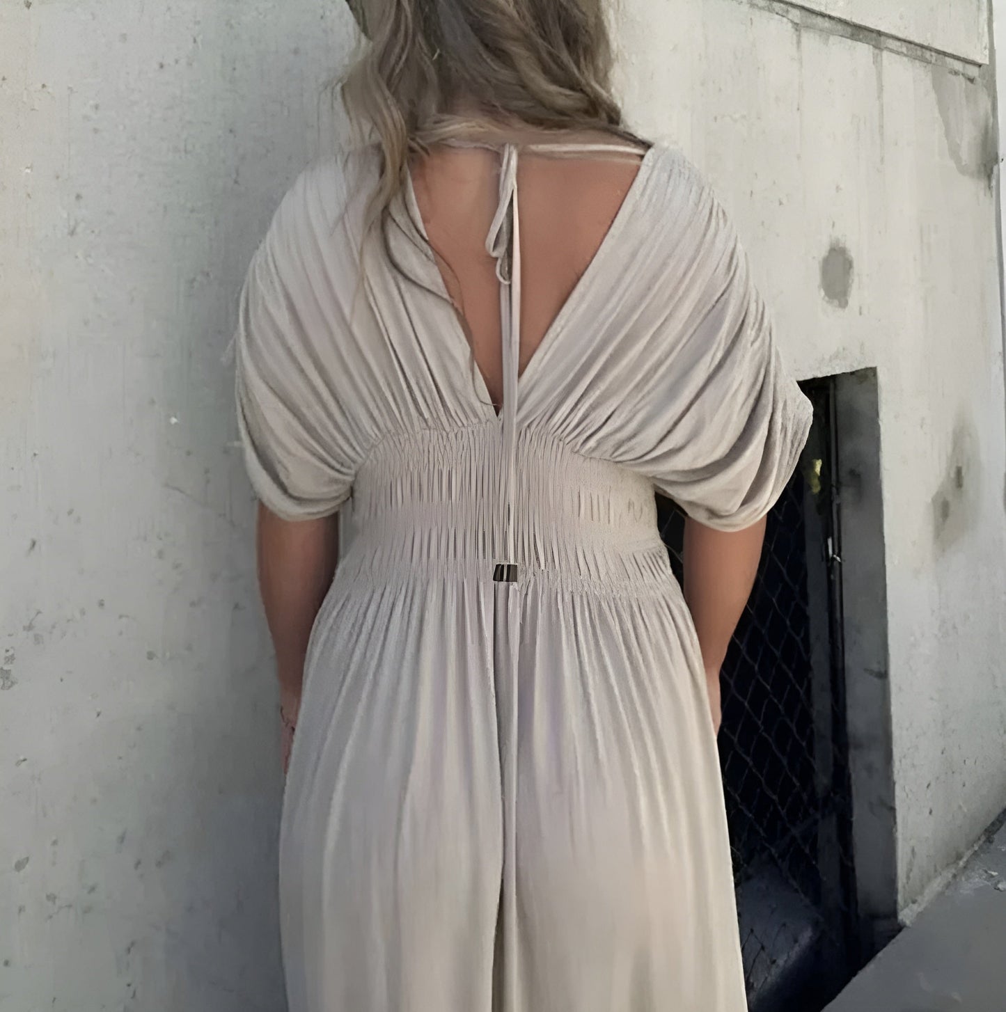 Women's Maxi Dress - Deep V-Neck - Short Draped Sleeves - Flowing Lightweight Fabric