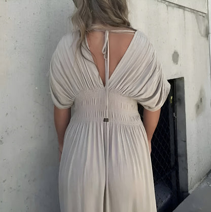 Women's Maxi Dress - Deep V-Neck - Short Draped Sleeves - Flowing Lightweight Fabric