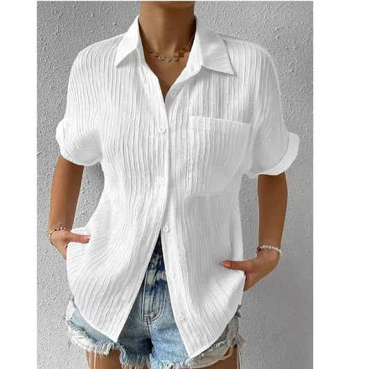 Crinkled Textured Relaxed Fit Button-Up Blouse