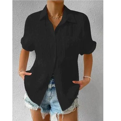 Women's Button-Up Blouse - Textured Crinkled Fabric - Short Sleeve Relaxed Fit