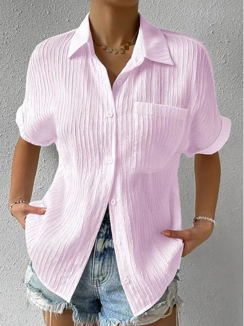 Women's Button-Up Blouse - Textured Crinkled Fabric - Short Sleeve Relaxed Fit