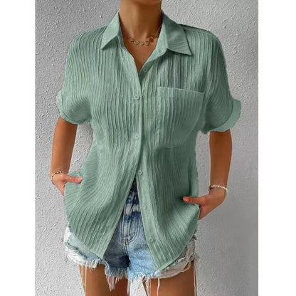 Women's Button-Up Blouse - Textured Crinkled Fabric - Short Sleeve Relaxed Fit