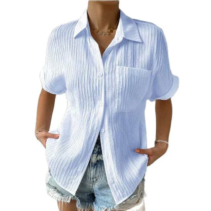 Women's Button-Up Blouse - Textured Crinkled Fabric - Short Sleeve Relaxed Fit