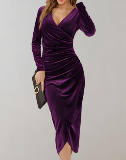 Women's Bodycon Wrap Dress - Velvet Fabric - V-Neck - Long Sleeve Midi Length