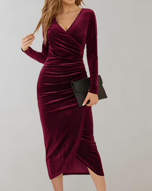 Velvet Wrap Bodycon Midi Dress
