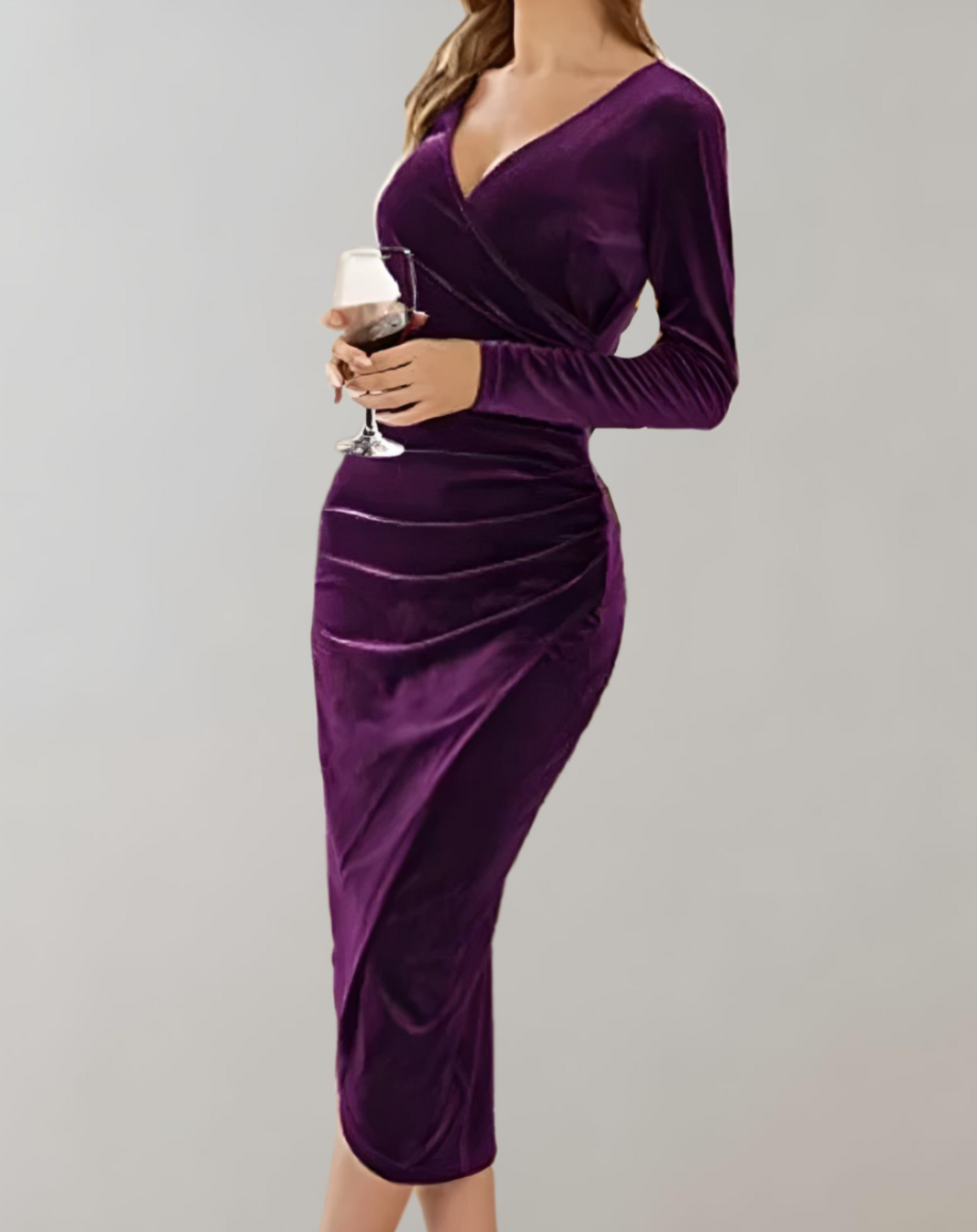 Women's Bodycon Wrap Dress - Velvet Fabric - V-Neck - Long Sleeve Midi Length