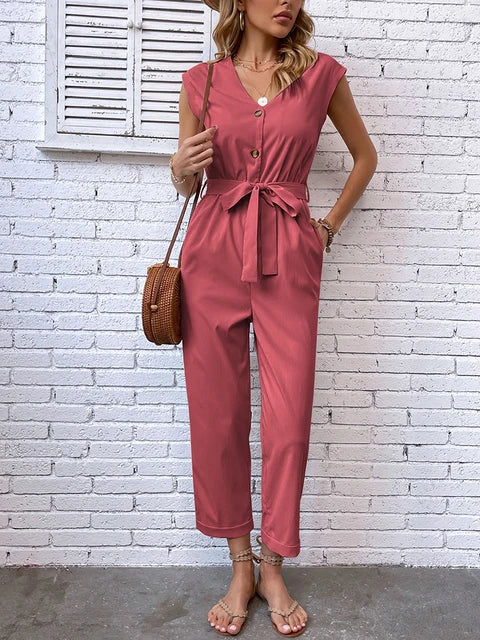 Women’s Jumpsuit - Sleeveless V-Neck - Button Front with Waist Tie - Cropped Fit