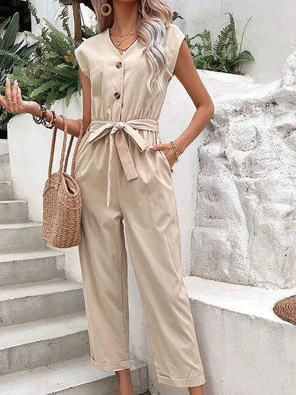 Women’s Jumpsuit - Sleeveless V-Neck - Button Front with Waist Tie - Cropped Fit