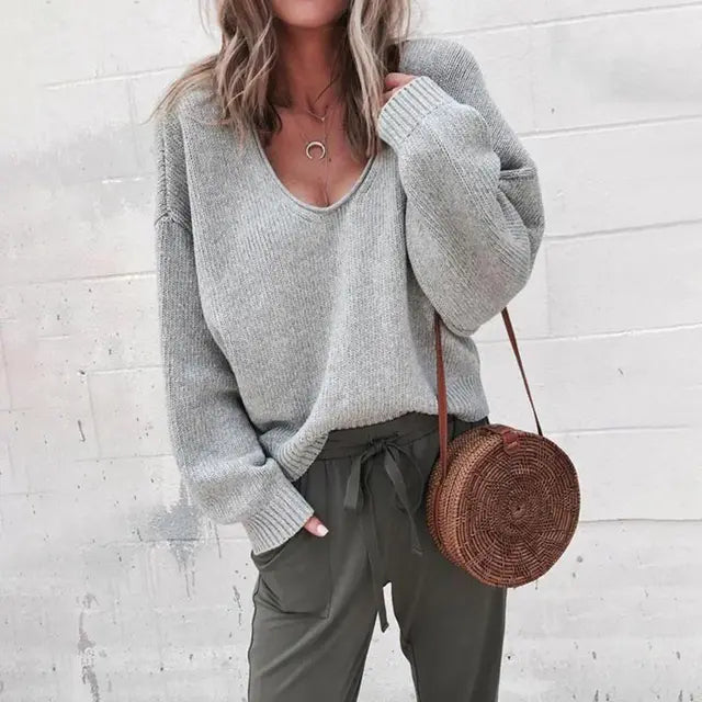 Women’s V-Neck Sweater – Oversized Fit – Long Sleeve – Soft Knit Casual Pullover