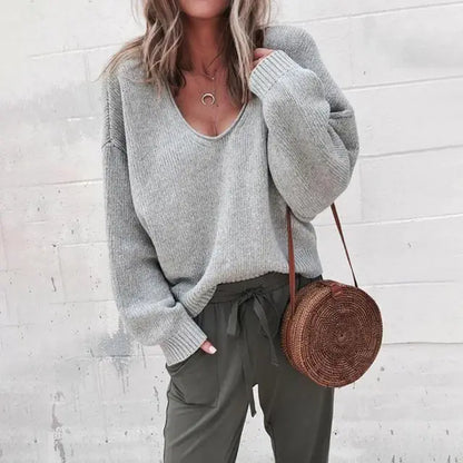 Women’s V-Neck Sweater – Oversized Fit – Long Sleeve – Soft Knit Casual Pullover
